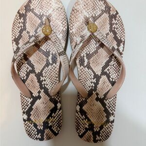 Tory Burch Beige and Brown Snake Print Sandals